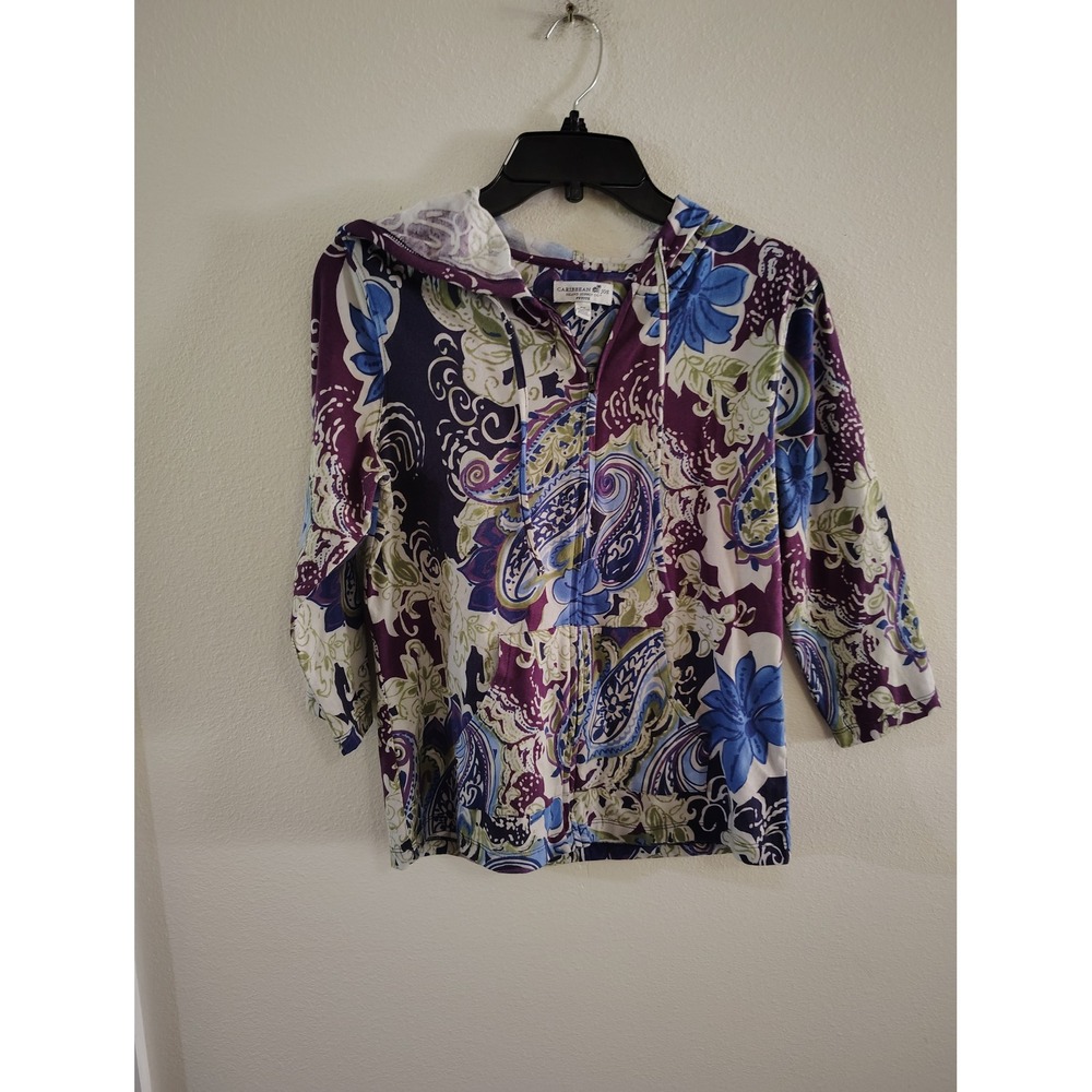 Caribbean Joe Womens Petite PS Purple Paisley Floral Zip Up Hoodie 3/4 Sleeve